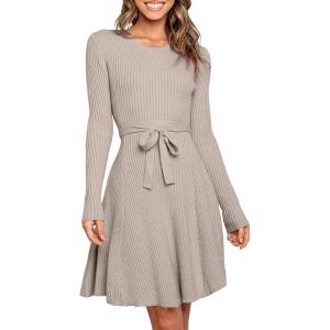 ANRABESS Women’s Long Sleeve Midi Dress Crewneck Tie Waist A-Line Swing Casual Bodycon Ribbed Knit 2025 Fall Sweater Dress(Red Apricot)