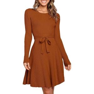 ANRABESS Women’s Long Sleeve Midi Dress Crewneck Tie Waist A-Line Swing Casual Bodycon Ribbed Knit 2025 Fall Sweater Dress(Rust)
