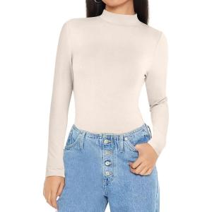 ANRABESS Womens Long Sleeve Mock Neck Tops Slim Fitted Basic Layer Office Work Shirts 2025 Fall Outfits Y2K Clothes(Beige)
