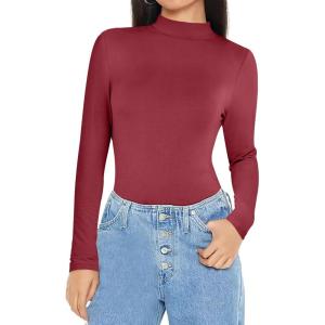 ANRABESS Womens Long Sleeve Mock Neck Tops Slim Fitted Basic Layer Office Work Shirts 2025 Fall Outfits Y2K Clothes(Burgundy)