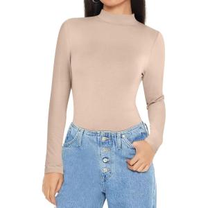 ANRABESS Womens Long Sleeve Mock Neck Tops Slim Fitted Basic Layer Office Work Shirts 2025 Fall Outfits Y2K Clothes(Light Khaki)