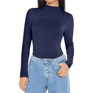 ANRABESS Womens Long Sleeve Mock Neck Tops Slim Fitted Basic Layer Office Work Shirts 2025 Fall Outfits Y2K Clothes(Navy Blue)
