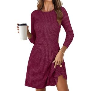ANRABESS Womens Long Sleeve Ribbed Knit Sweater Dresses 2025 Fall Winter Casual Lounge Short Tunic Dress with Pockets Buttons(Burgundy)
