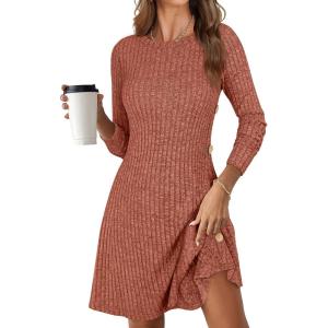 ANRABESS Womens Long Sleeve Ribbed Knit Sweater Dresses 2025 Fall Winter Casual Lounge Short Tunic Dress with Pockets Buttons(Burnt Orange)