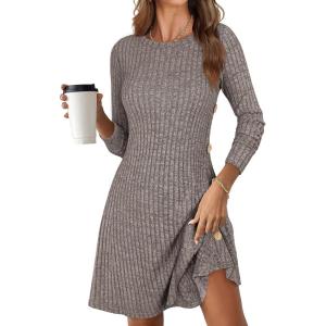 ANRABESS Womens Long Sleeve Ribbed Knit Sweater Dresses 2025 Fall Winter Casual Lounge Short Tunic Dress with Pockets Buttons(Deep Coffee)