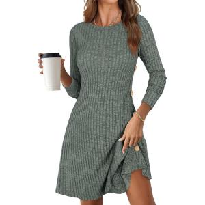 ANRABESS Womens Long Sleeve Ribbed Knit Sweater Dresses 2025 Fall Winter Casual Lounge Short Tunic Dress with Pockets Buttons(Green Grey)