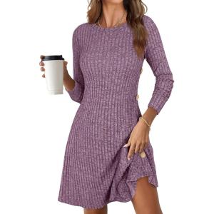 ANRABESS Womens Long Sleeve Ribbed Knit Sweater Dresses 2025 Fall Winter Casual Lounge Short Tunic Dress with Pockets Buttons(Purple Mauve)