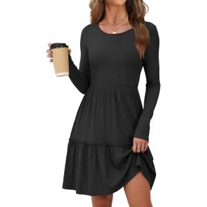 ANRABESS Womens Long Sleeve Ribbed Short Dresses 2025 Fall Knit A Line Flowy Tiered Casual Mini Sweater Dress with Pockets(Black)