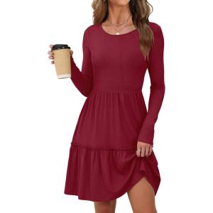 ANRABESS Womens Long Sleeve Ribbed Short Dresses 2025 Fall Knit A Line Flowy Tiered Casual Mini Sweater Dress with Pockets(Dark Red)