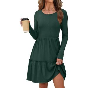 ANRABESS Womens Long Sleeve Ribbed Short Dresses 2025 Fall Knit A Line Flowy Tiered Casual Mini Sweater Dress with Pockets(Deep Green)