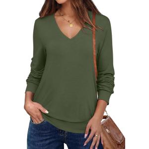 ANRABESS Women’s Long Sleeve Shirts Casual Loose V Neck Basic Tees Tops 2025 Fall T-Shirt Outfits(Army Green)