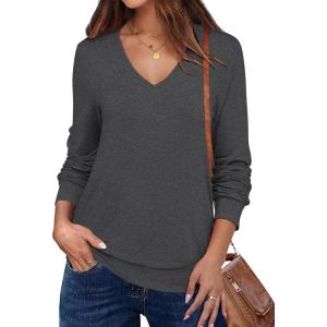 ANRABESS Women’s Long Sleeve Shirts Casual Loose V Neck Basic Tees Tops 2025 Fall T-Shirt Outfits(Black Grey)