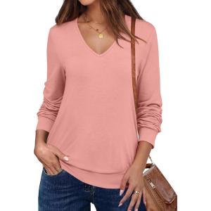 ANRABESS Women’s Long Sleeve Shirts Casual Loose V Neck Basic Tees Tops 2025 Fall T-Shirt Outfits(Coral)
