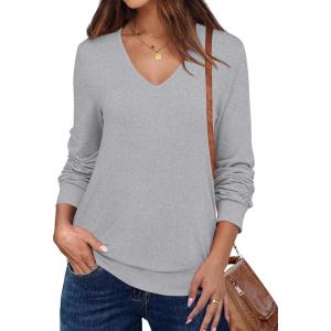 ANRABESS Women’s Long Sleeve Shirts Casual Loose V Neck Basic Tees Tops 2025 Fall T-Shirt Outfits(Light Grey)