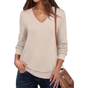 ANRABESS Women’s Long Sleeve Shirts Casual Loose V Neck Basic Tees Tops 2025 Fall T-Shirt Outfits(Light Khaki)