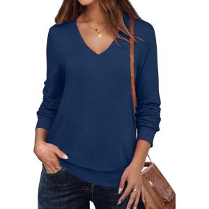 ANRABESS Women’s Long Sleeve Shirts Casual Loose V Neck Basic Tees Tops 2025 Fall T-Shirt Outfits(Navy Blue)