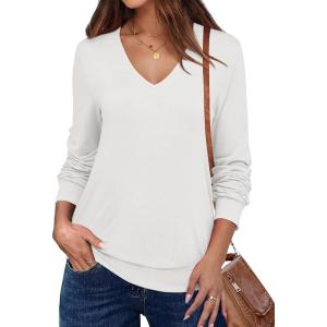 ANRABESS Women’s Long Sleeve Shirts Casual Loose V Neck Basic Tees Tops 2025 Fall T-Shirt Outfits(White)