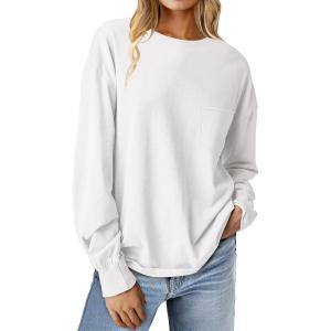 ANRABESS Womens Long Sleeve Shirts Crewneck Oversized Tops Casual 2025 Fall Trendy T-Shirts Tee Blouse with Pockets Clothes(White)