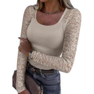 ANRABESS Womens Long Sleeve Shirts Scoop Neck Lace Going Out Tops Slim Fit Rib Knit Casual Blouses 2025 Fall Fashion Outfits(Beige)