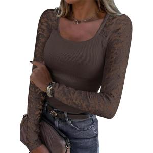 ANRABESS Womens Long Sleeve Shirts Scoop Neck Lace Going Out Tops Slim Fit Rib Knit Casual Blouses 2025 Fall Fashion Outfits(Coffee)