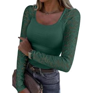 ANRABESS Womens Long Sleeve Shirts Scoop Neck Lace Going Out Tops Slim Fit Rib Knit Casual Blouses 2025 Fall Fashion Outfits(Deep Green)