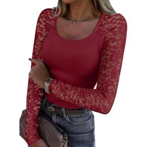ANRABESS Womens Long Sleeve Shirts Scoop Neck Lace Going Out Tops Slim Fit Rib Knit Casual Blouses 2025 Fall Fashion Outfits(Deep Red)