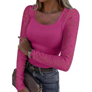 ANRABESS Womens Long Sleeve Shirts Scoop Neck Lace Going Out Tops Slim Fit Rib Knit Casual Blouses 2025 Fall Fashion Outfits(Hot Pink)