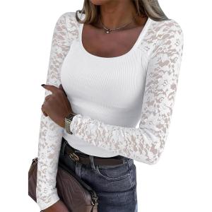 ANRABESS Womens Long Sleeve Shirts Scoop Neck Lace Going Out Tops Slim Fit Rib Knit Casual Blouses 2025 Fall Fashion Outfits(White)
