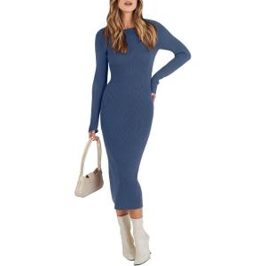 ANRABESS Womens Long Sleeve Sweater Dress 2025 Fall Crewneck Bodycon Stretch Ribbed Knit Slim Fit Midi Dresses Trendy Outfits(Dusty Blue)