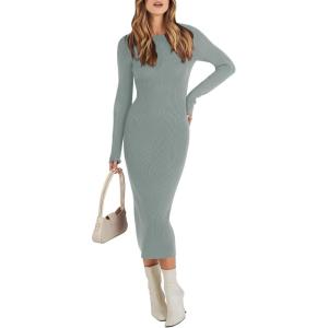 ANRABESS Womens Long Sleeve Sweater Dress 2025 Fall Crewneck Bodycon Stretch Ribbed Knit Slim Fit Midi Dresses Trendy Outfits(Light Gray)