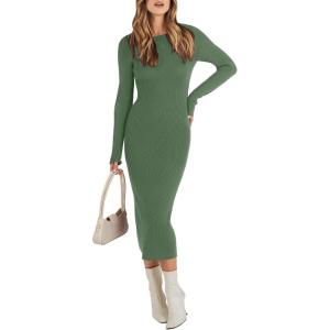 ANRABESS Womens Long Sleeve Sweater Dress 2025 Fall Crewneck Bodycon Stretch Ribbed Knit Slim Fit Midi Dresses Trendy Outfits(Olive)