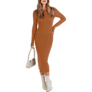 ANRABESS Womens Long Sleeve Sweater Dress 2025 Fall Crewneck Bodycon Stretch Ribbed Knit Slim Fit Midi Dresses Trendy Outfits(Rust)