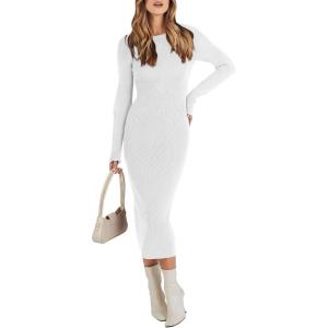 ANRABESS Womens Long Sleeve Sweater Dress 2025 Fall Crewneck Bodycon Stretch Ribbed Knit Slim Fit Midi Dresses Trendy Outfits(White)