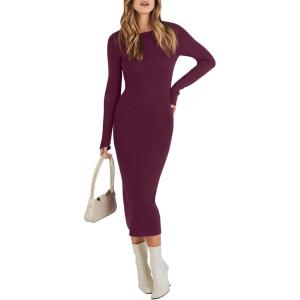 ANRABESS Womens Long Sleeve Sweater Dress 2025 Fall Crewneck Bodycon Stretch Ribbed Knit Slim Fit Midi Dresses Trendy Outfits(Wine Red)