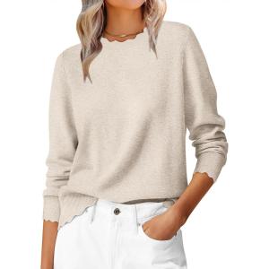 ANRABESS Womens Long Sleeve Sweaters Loose Fit Lightweight Scalloped Knit Soft Dressy Pullover Tops 2025 Fall Casual Outfits(Almond)