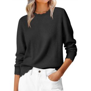 ANRABESS Womens Long Sleeve Sweaters Loose Fit Lightweight Scalloped Knit Soft Dressy Pullover Tops 2025 Fall Casual Outfits(Black)