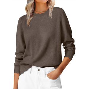 ANRABESS Womens Long Sleeve Sweaters Loose Fit Lightweight Scalloped Knit Soft Dressy Pullover Tops 2025 Fall Casual Outfits(Brown)