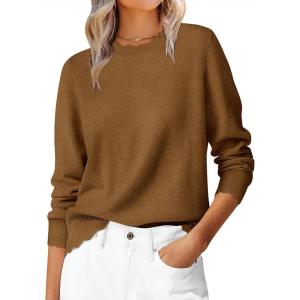 ANRABESS Womens Long Sleeve Sweaters Loose Fit Lightweight Scalloped Knit Soft Dressy Pullover Tops 2025 Fall Casual Outfits(Caramel)