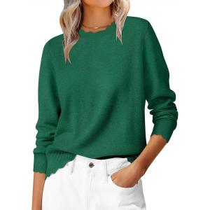 ANRABESS Womens Long Sleeve Sweaters Loose Fit Lightweight Scalloped Knit Soft Dressy Pullover Tops 2025 Fall Casual Outfits(Forest Green)