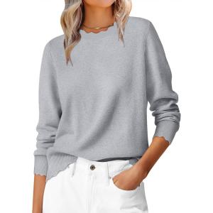 ANRABESS Womens Long Sleeve Sweaters Loose Fit Lightweight Scalloped Knit Soft Dressy Pullover Tops 2025 Fall Casual Outfits(Grey)
