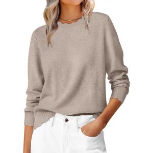 ANRABESS Womens Long Sleeve Sweaters Loose Fit Lightweight Scalloped Knit Soft Dressy Pullover Tops 2025 Fall Casual Outfits(Khaki)