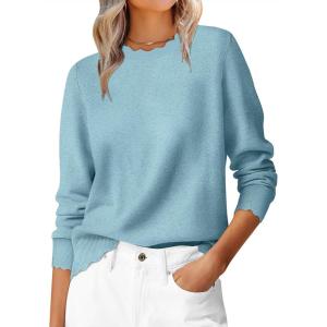 ANRABESS Womens Long Sleeve Sweaters Loose Fit Lightweight Scalloped Knit Soft Dressy Pullover Tops 2025 Fall Casual Outfits(Light Blue)