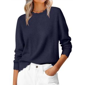 ANRABESS Womens Long Sleeve Sweaters Loose Fit Lightweight Scalloped Knit Soft Dressy Pullover Tops 2025 Fall Casual Outfits(Navy Blue)