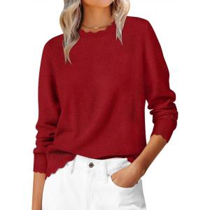 ANRABESS Womens Long Sleeve Sweaters Loose Fit Lightweight Scalloped Knit Soft Dressy Pullover Tops 2025 Fall Casual Outfits(Red)