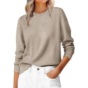ANRABESS Womens Long Sleeve Sweaters Loose Fit Lightweight Scalloped Knit Soft Dressy Pullover Tops 2025 Fall Casual Outfits(Tan)