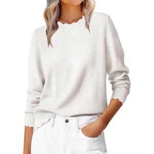 ANRABESS Womens Long Sleeve Sweaters Loose Fit Lightweight Scalloped Knit Soft Dressy Pullover Tops 2025 Fall Casual Outfits(White)