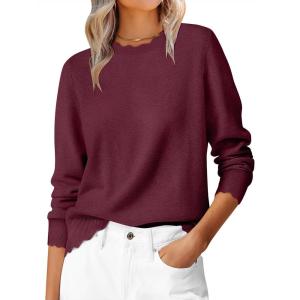 ANRABESS Womens Long Sleeve Sweaters Loose Fit Lightweight Scalloped Knit Soft Dressy Pullover Tops 2025 Fall Casual Outfits(Wine Red)