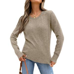 ANRABESS Womens Long Sleeve Sweaters Wool Blend Crew Neck Hollow Out Business Casual Work Tops 2025 Fall Outfits(Almond)