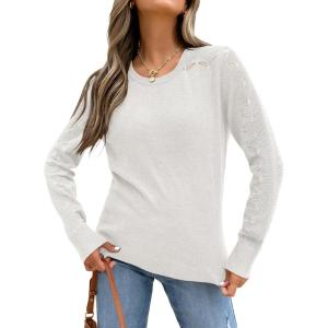 ANRABESS Womens Long Sleeve Sweaters Wool Blend Crew Neck Hollow Out Business Casual Work Tops 2025 Fall Outfits(White)