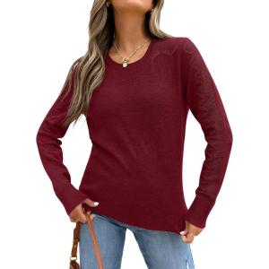ANRABESS Womens Long Sleeve Sweaters Wool Blend Crew Neck Hollow Out Business Casual Work Tops 2025 Fall Outfits(Wine Red)